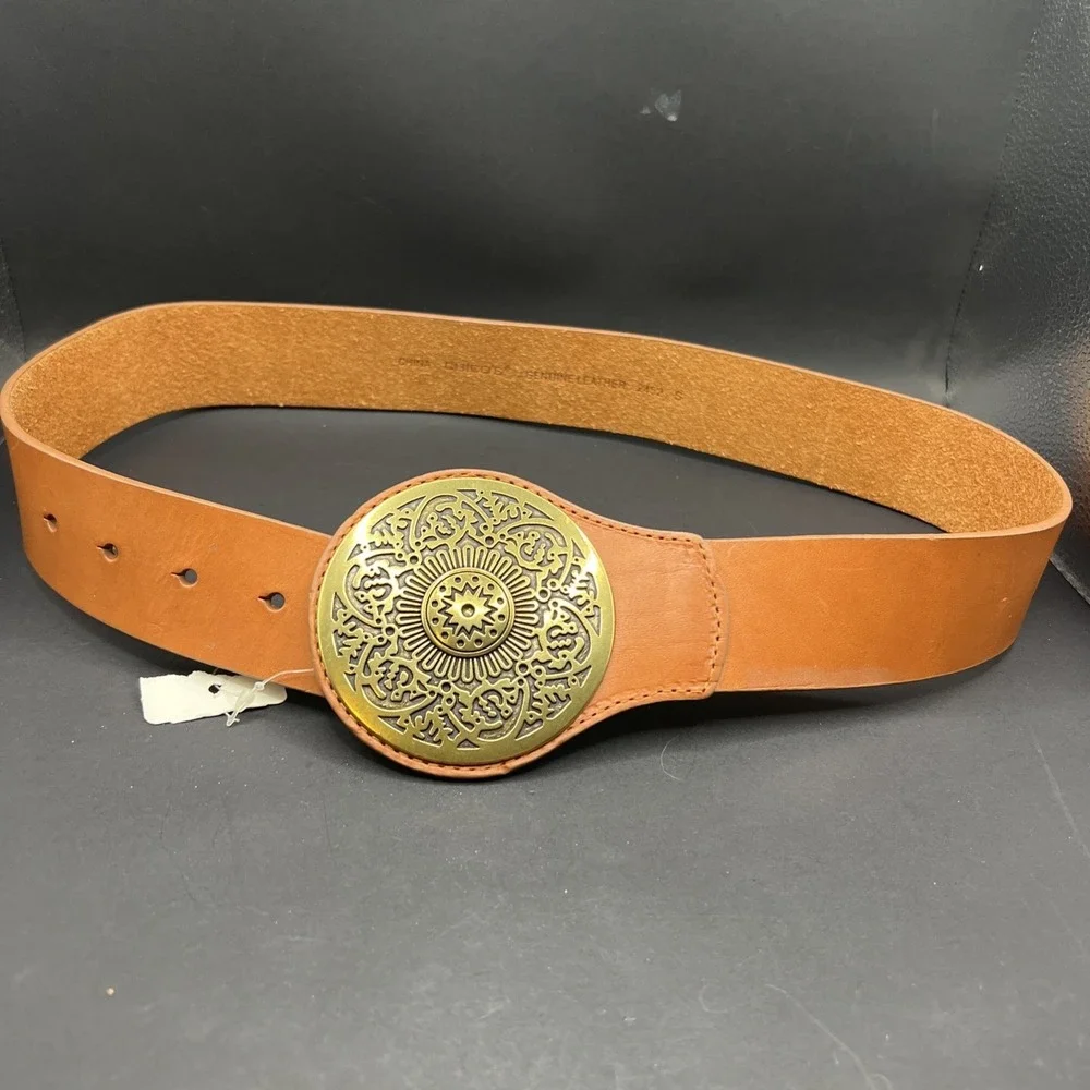 Chico's Women's Brown Leather Belt Sm 30-34 Concha Brass Filigree Buckle Western